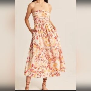 Abercrombie Poplin Strapless Midi Floral Dress Tall